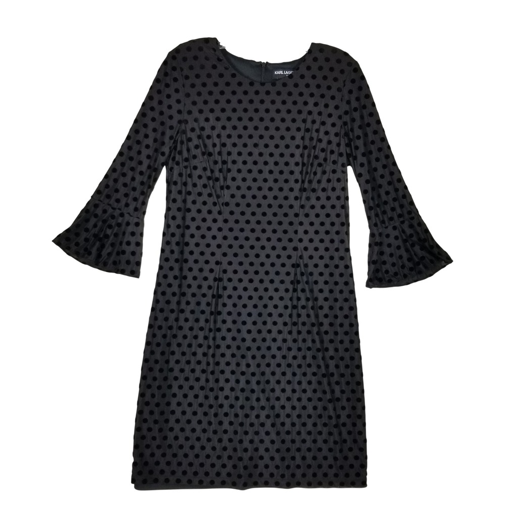 Karl Lagerfeld Paris Sheath Dress Womens 8 Black Flocked Velvet Polka Dot Bell